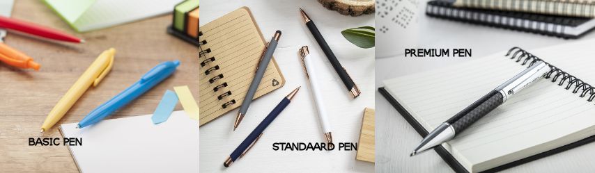 verschillende soorten bedrukte pennen budget standaard premium overzicht